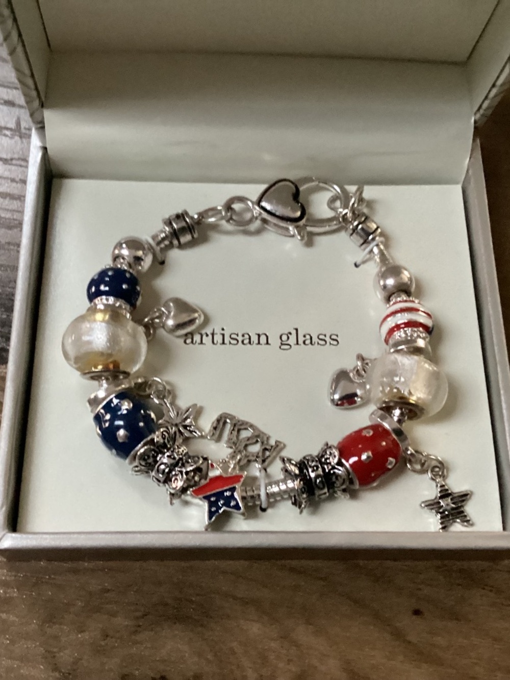 Artisan Glass Charm Bracelet Patriotic Theme NEW